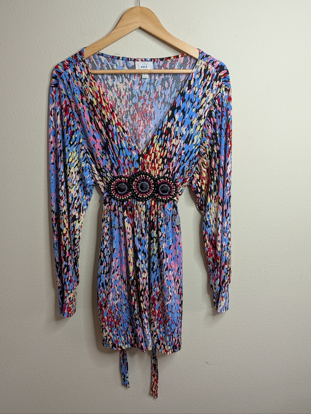 ECI New York Beaded Waist Mini Dress/Tunic Top XL Multicolor Abstract Print